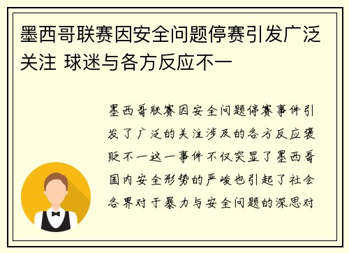 墨西哥联赛因安全问题停赛引发广泛关注 球迷与各方反应不一