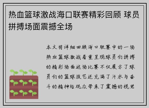 热血篮球激战海口联赛精彩回顾 球员拼搏场面震撼全场