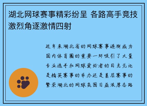 湖北网球赛事精彩纷呈 各路高手竞技激烈角逐激情四射