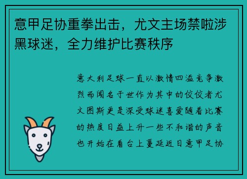 意甲足协重拳出击，尤文主场禁啦涉黑球迷，全力维护比赛秩序