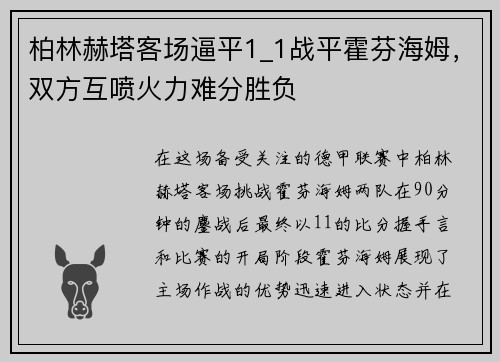 柏林赫塔客场逼平1_1战平霍芬海姆，双方互喷火力难分胜负